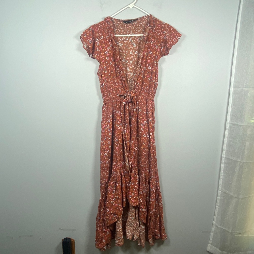 Kivari Rust Capri Tie Midi Maxi Dress Floral Ruffle Small Boho Cottagecore